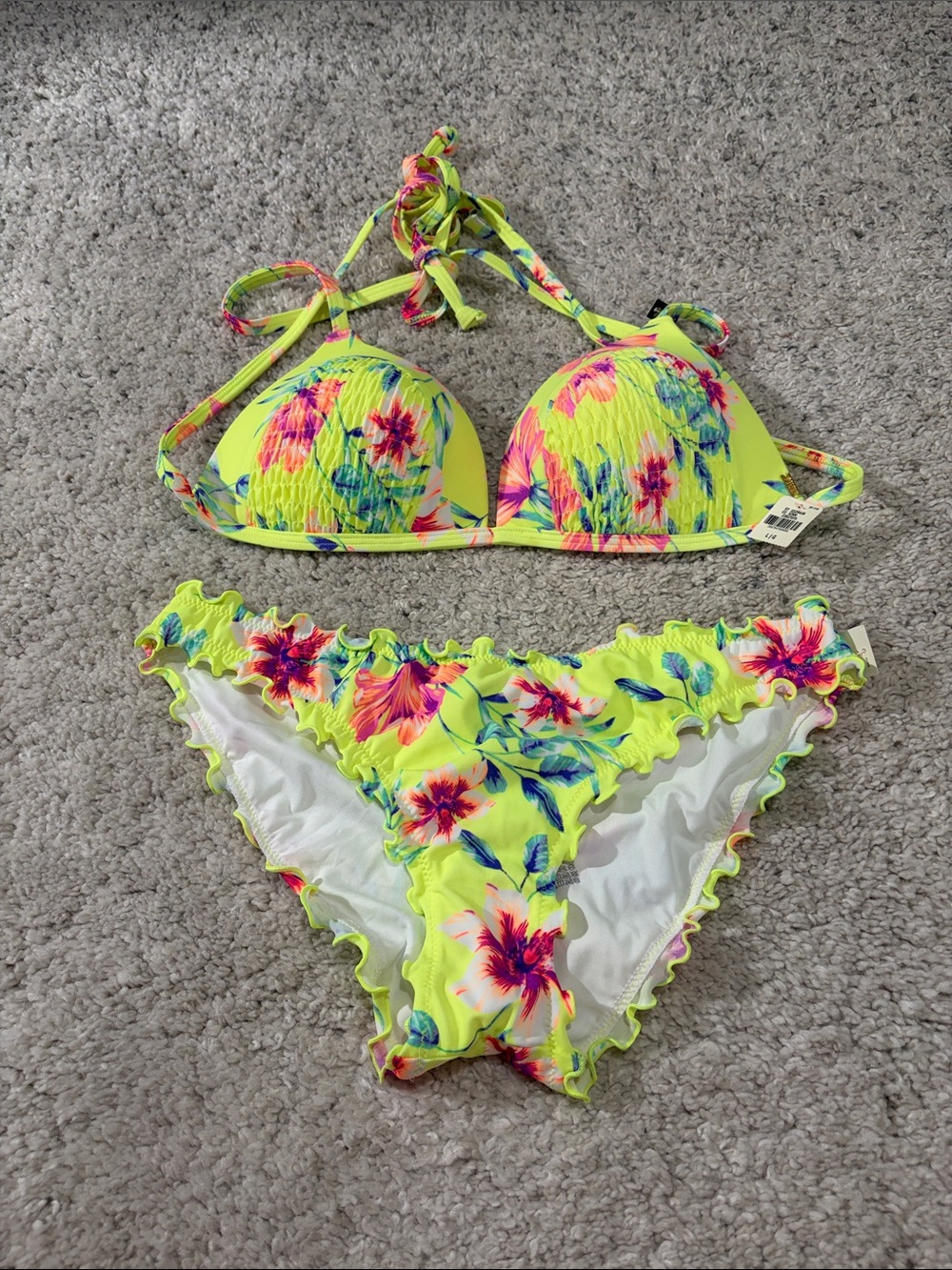 PINK Victoriaβs Secret Neon Yellow Floral Bikini Swim Set